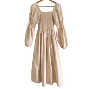 Monbebe Mom Daisy Beige Cotton Midi Dress Womens XS Cottage Core Prairie Minimal